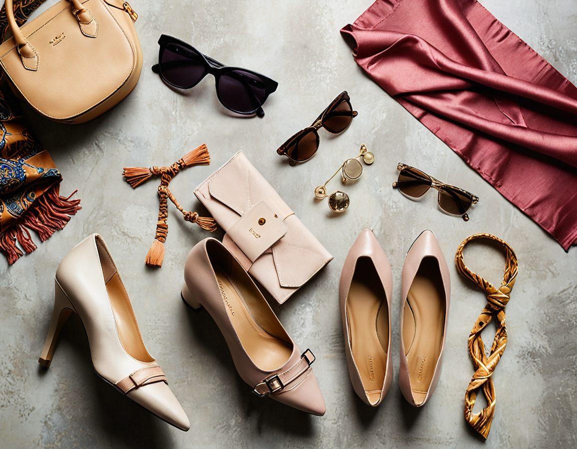 A stylish flat lay featuring chic footwear and elegant handbags artfully arranged on a textured background. Incorporate trendy accessories like sunglasses and a silk scarf to enhance the overall look. Use soft, warm lighting to highlight the textures and colors of the items. Emphasize a sense of confidence and sophistication in the composition. vibrant colors. super-realistic.