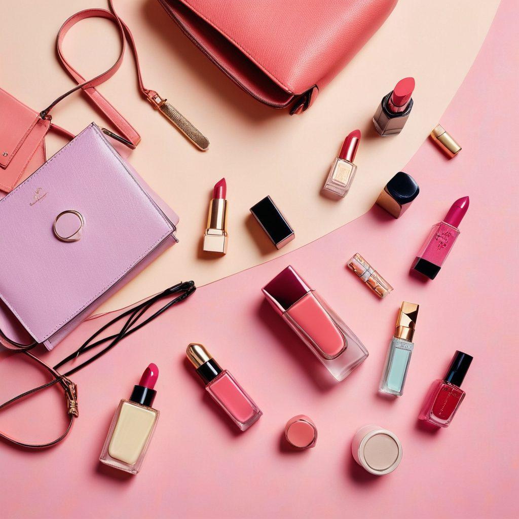 A chic and modern flat lay featuring trendy beauty products, stylish accessories, and aesthetic fashion items, harmoniously arranged on a pastel-colored backdrop. Include elements like elegant lipstick, vibrant nail polish, a stylish handbag, and a seasonal fashion magazine, all exuding elegance and vibrancy. The setting should evoke a sense of sophistication and creativity. soft focus. vibrant colors. flat lay style.