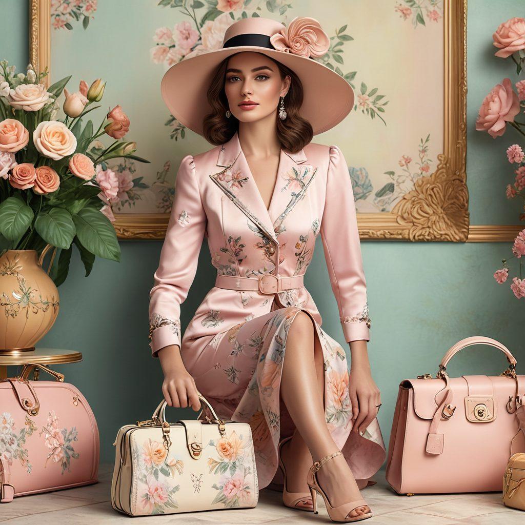 A stunning woman gracefully poses in a beautifully designed, stylish outfit, surrounded by elegant accessories like a vintage hat, a designer handbag, and chic shoes. Soft pastel colors create a serene background, with a hint of floral patterns that exude sophistication. The overall composition conveys an aura of confidence and fashion-forwardness, highlighting the beauty of trendy outfits and stylish tips. super-realistic. pastel colors. elegant background.